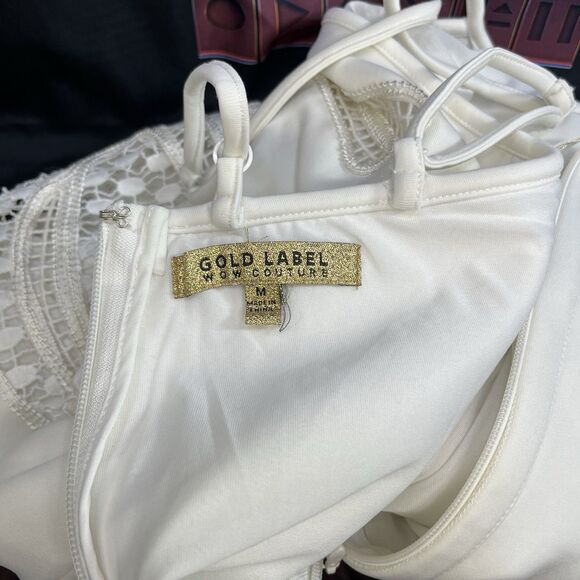 GOLD LABEL Wow Couture White Lace Wedding Lined Summer Halter Dress Women's M - Picture 9 of 12